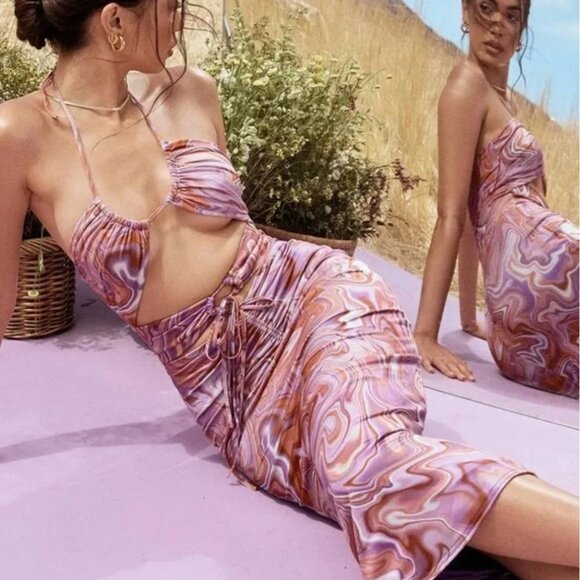 NWT House of CB Kasia Swirl Purple Pink Cut Out Sexy Midi Dress Size Small - Picture 3 of 16